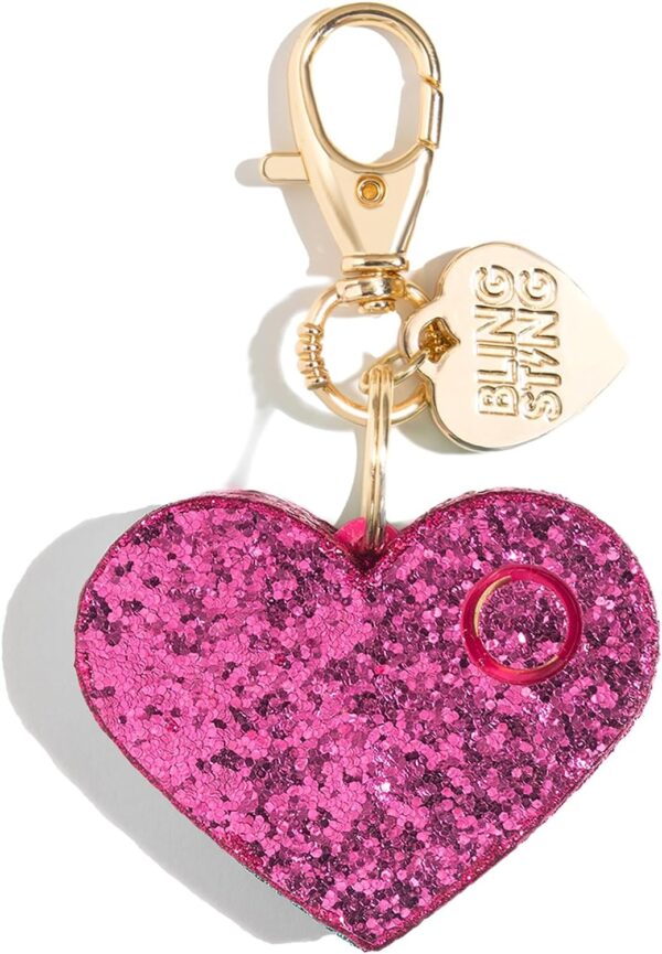 "Hot Pink" colored, glittery, Heart-shaped alarm charm, hanging from a gold chain