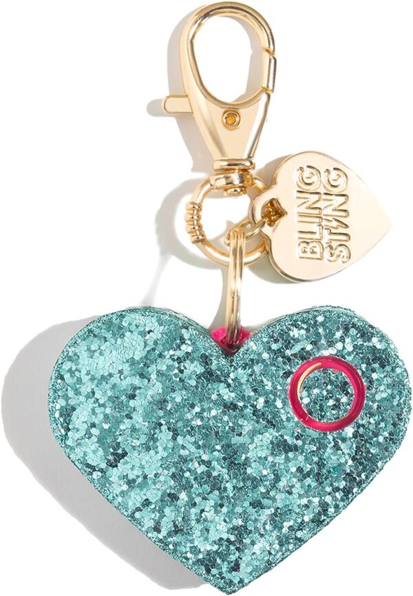 Teal-colored, glittery, Heart-shaped alarm charm, hanging from a gold chain