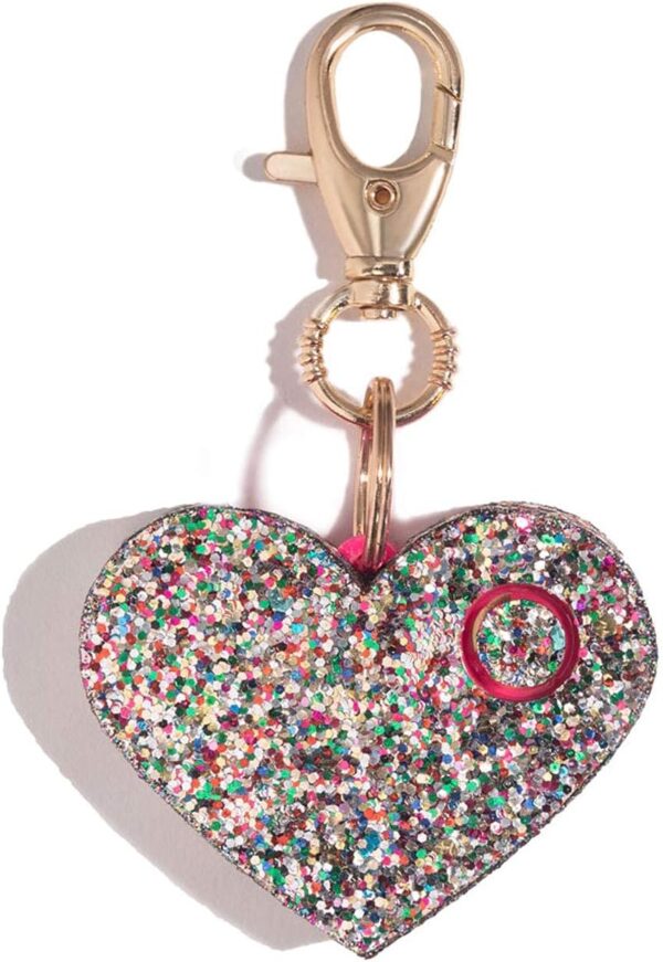 "Confetti" multicolored, glittery, Heart-shaped alarm charm hanging from a gold chain with clip on chain