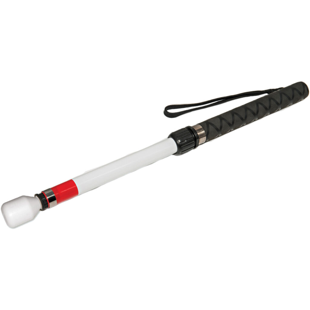 Product image of the Adjustable, Telescopic Cane with Height Adjustment feature. Cane handle and wrist strap are black. The shaft is mainly white with a red section towards the end of the cane.