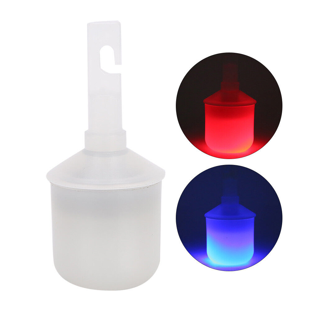 One large image of a White Light Up Marshmallow Cane Tip. 2 Smaller images of cane tip in dark, shining blue and red. Hook-style for easy cane attachment.