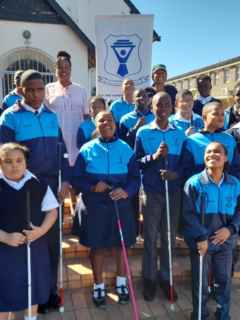 Students from the Athlone School for the Blind in South Africa with their new canes