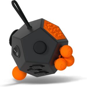12 sided fidget charm, color black with neon orange buttons and fidgets