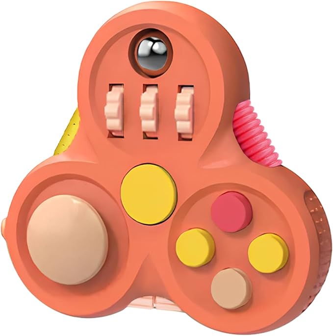 rounded, triangular fidget spinner. Main color orange, buttons and fidgets are pink and yellow.