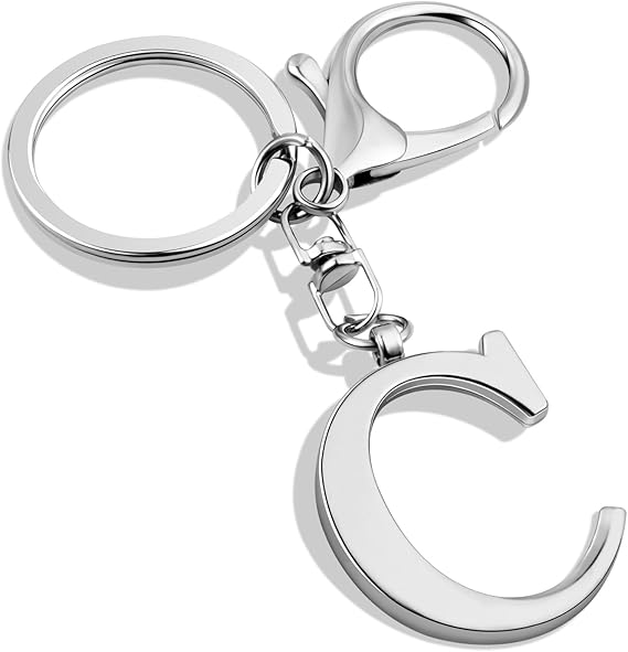 Example product image displays a silver keychain with the letter C.