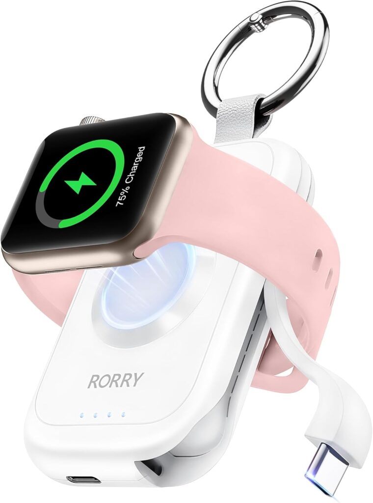 White portable Apple Watch Charger Charm with a watch charging on it. Small size, fits in the palm of a hand. Has silver ring clip at the top and usbc port at the bottom.