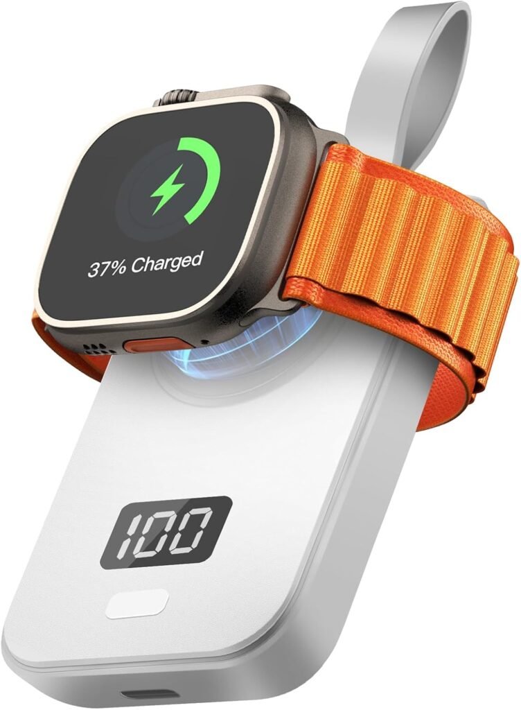 White Apple Watch Charger Charm with a watch charging and the amount of remaining charge displayed. Small size, fits in the palm of a hand