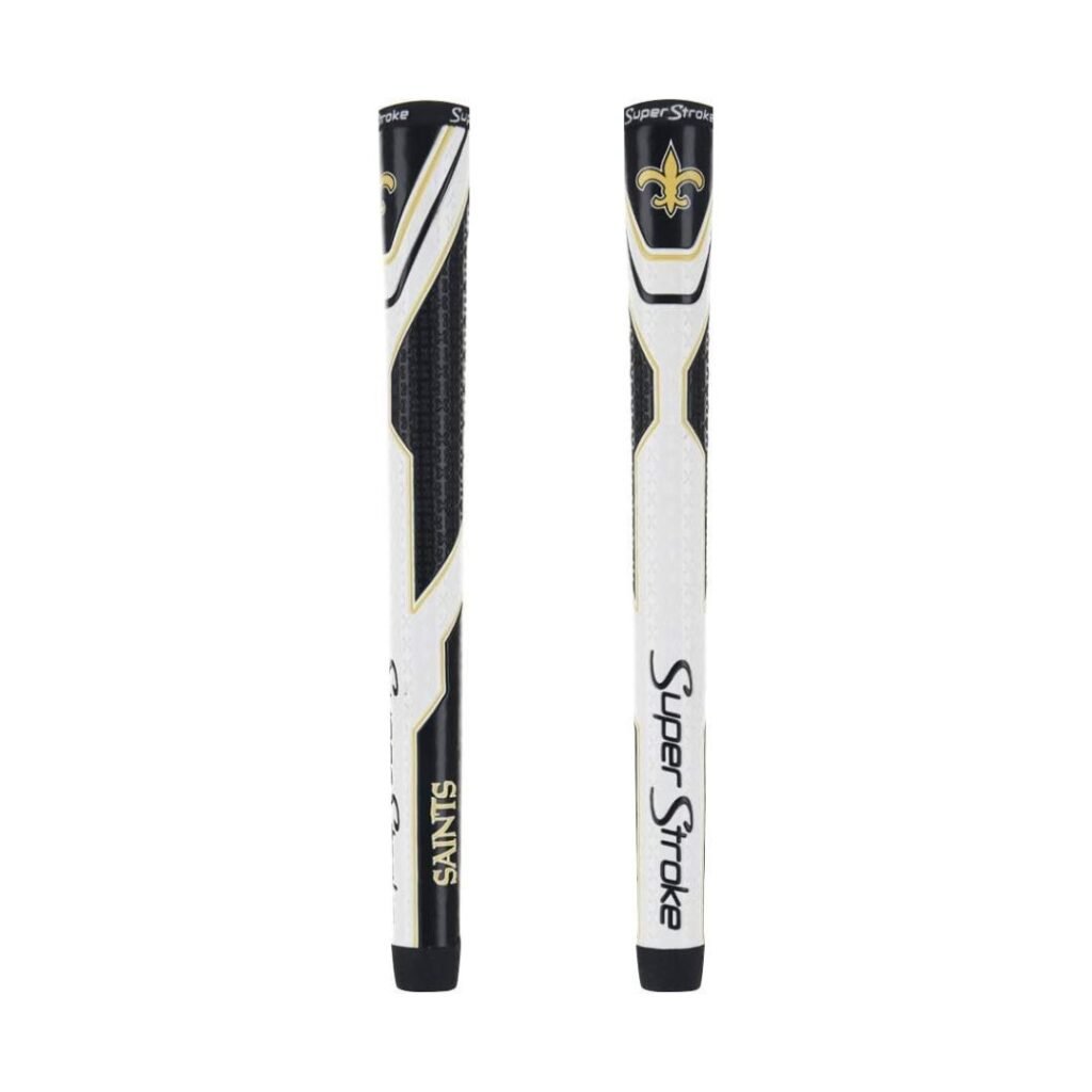Officially branded New Orleans Saints cane grip with black and white design. Logo towards the top, the word SAINTS printed along the side